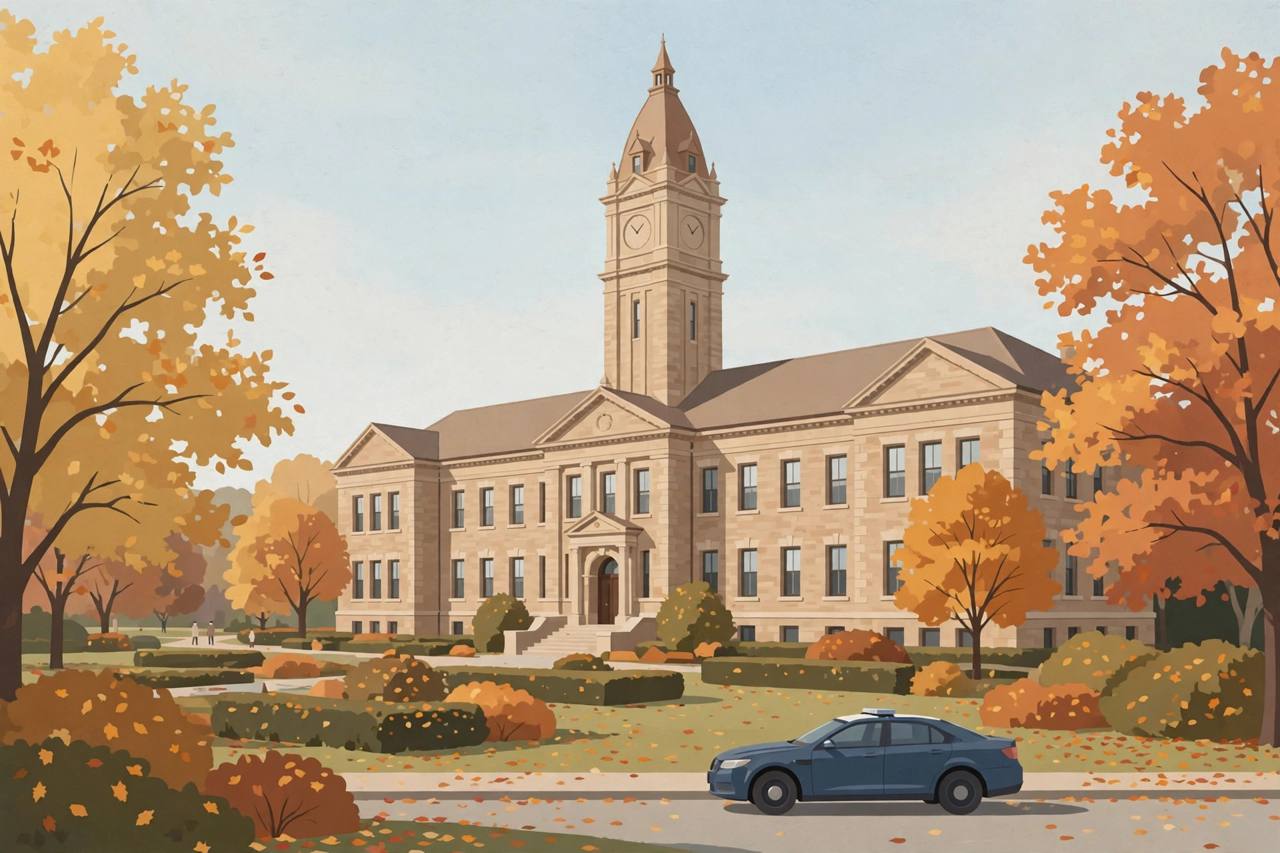 Editorial illustration of a university campus building with a state police car parked in front