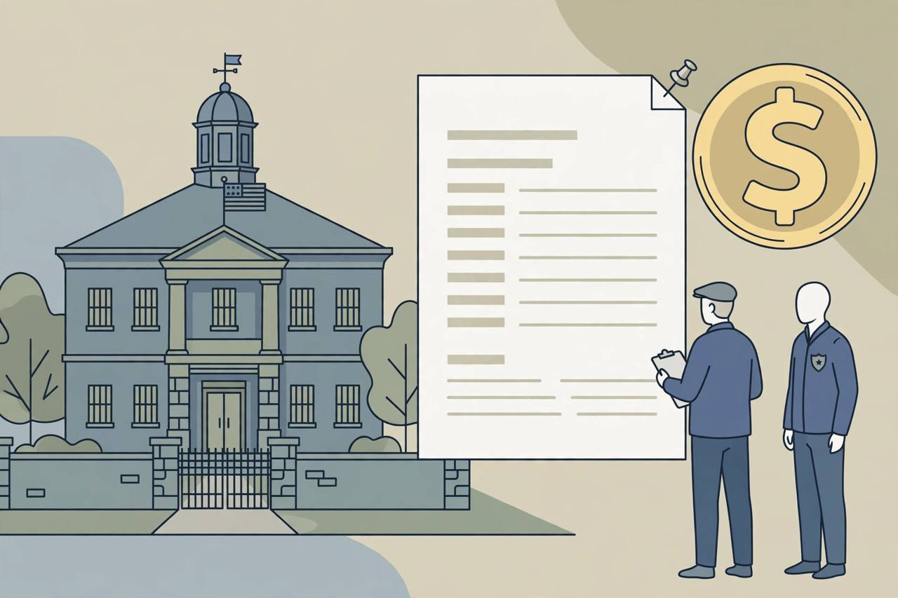 Editorial illustration of a generic county jail building in New York with an invoice beside it, flat style, no real person depicted