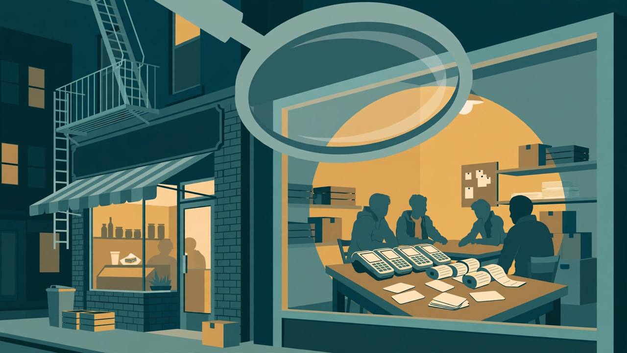 Editorial illustration of a small New York deli back room with payment terminals, receipt rolls and blank plastic cards on a table