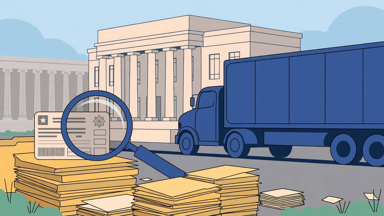 Editorial illustration of a blue semi truck beside a courthouse, with stacks of paper files and a magnifying glass over a driver's licence card