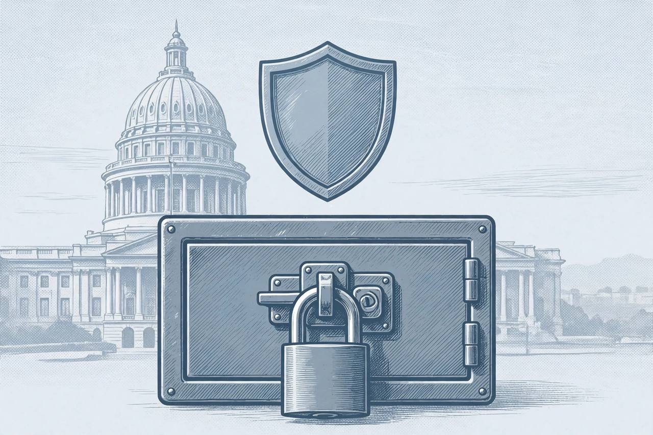 Editorial illustration of a closed locked steel safe-storage box with a large padlock and a protective shield, with a state capitol dome softly in the background, flat style, no person and no firearm depicted