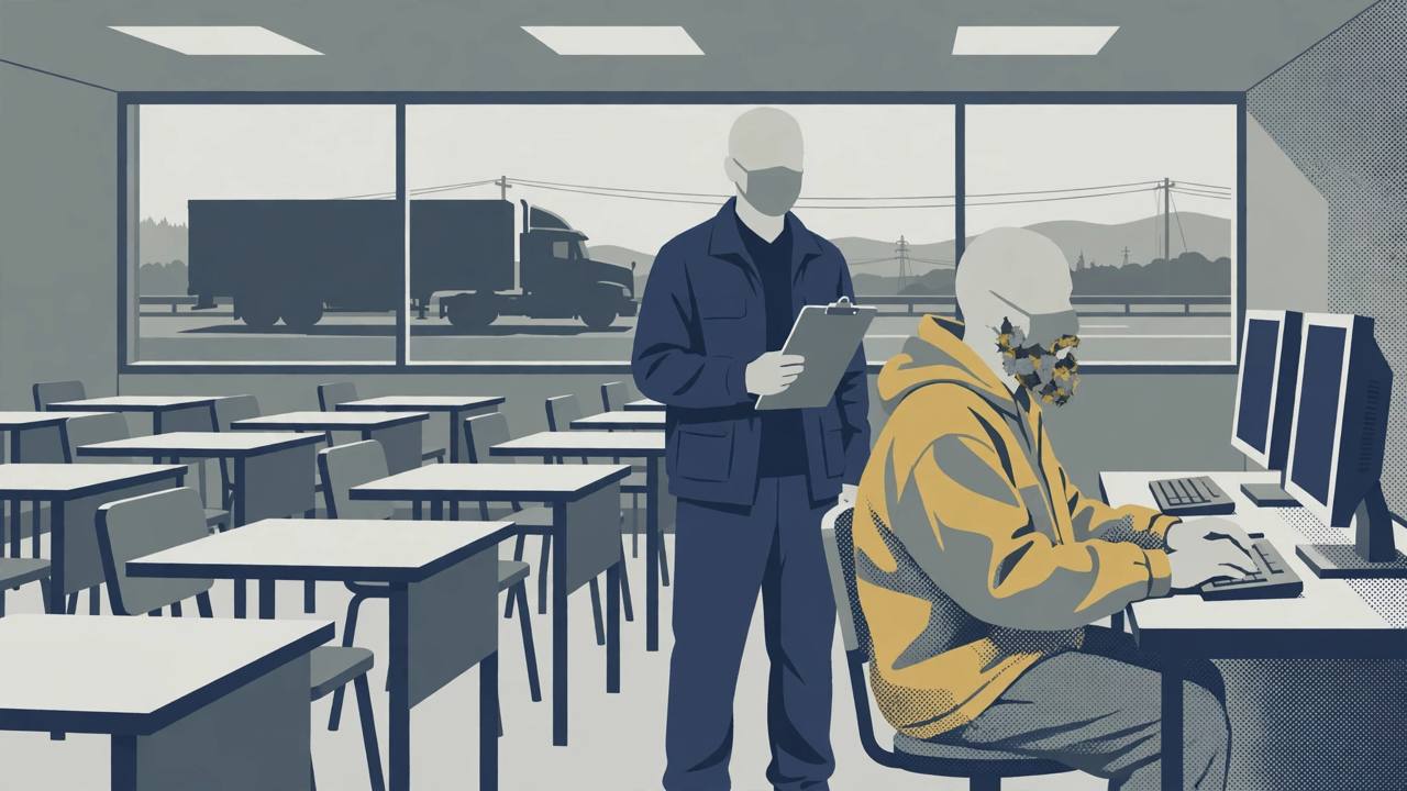 Editorial illustration of a disguised stand-in taking a CDL exam at a computer in a DMV testing room, with a semi truck visible through the window