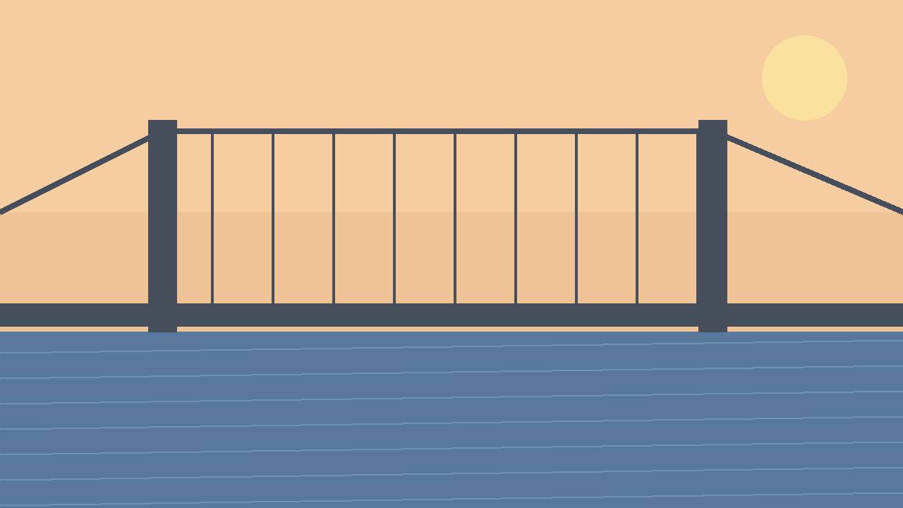 Editorial illustration of a generic suspension bridge over a river at sunset, flat style, no people, no vehicles in distress, no text, no real incident depicted