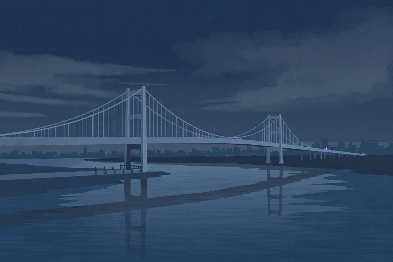 Editorial illustration of a large suspension bridge over a river at night with its upper deck closed, distant police lights and a city skyline behind