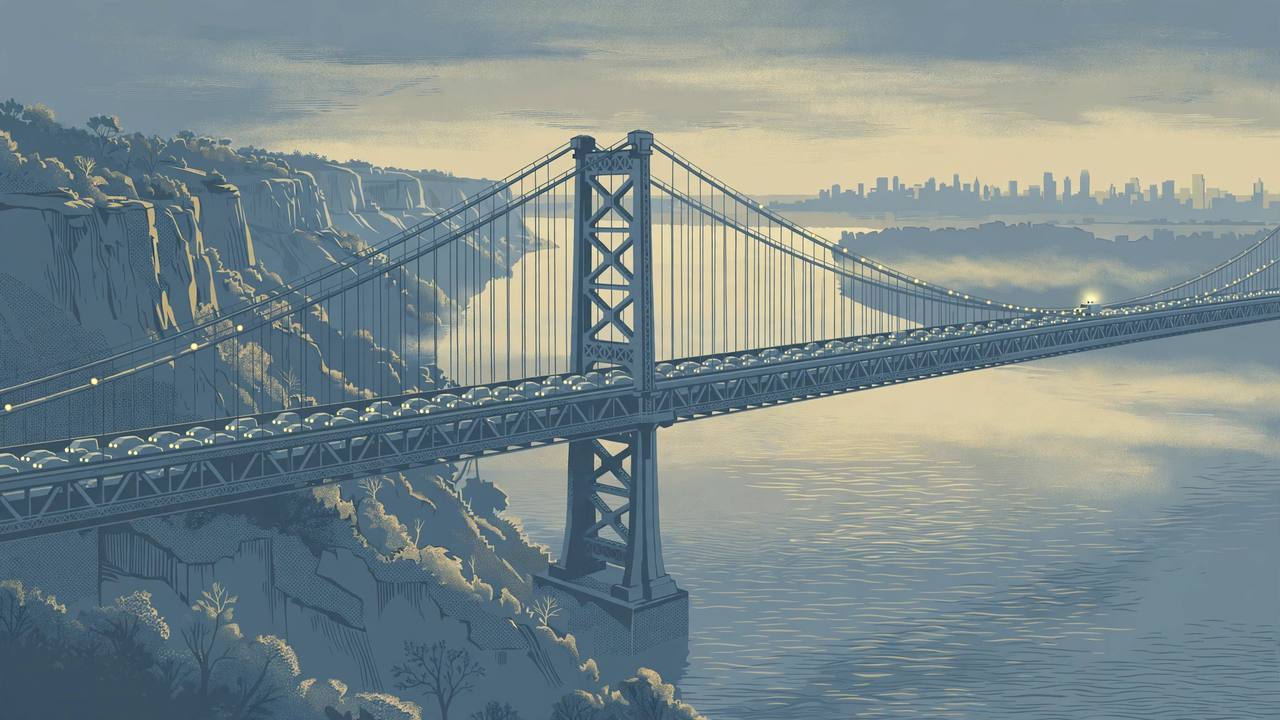 Editorial illustration of a large suspension bridge over a river at dawn, with morning traffic and a distant city skyline, somber and respectful, with no crash depicted