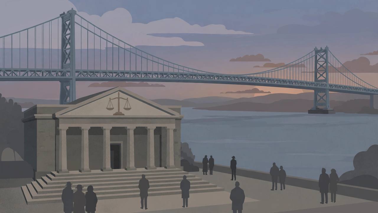 Editorial illustration of a large suspension bridge over a river at dusk behind courthouse steps and columns with a scales-of-justice motif; generic silhouetted figures only, no real person is depicted and the incident itself is not shown