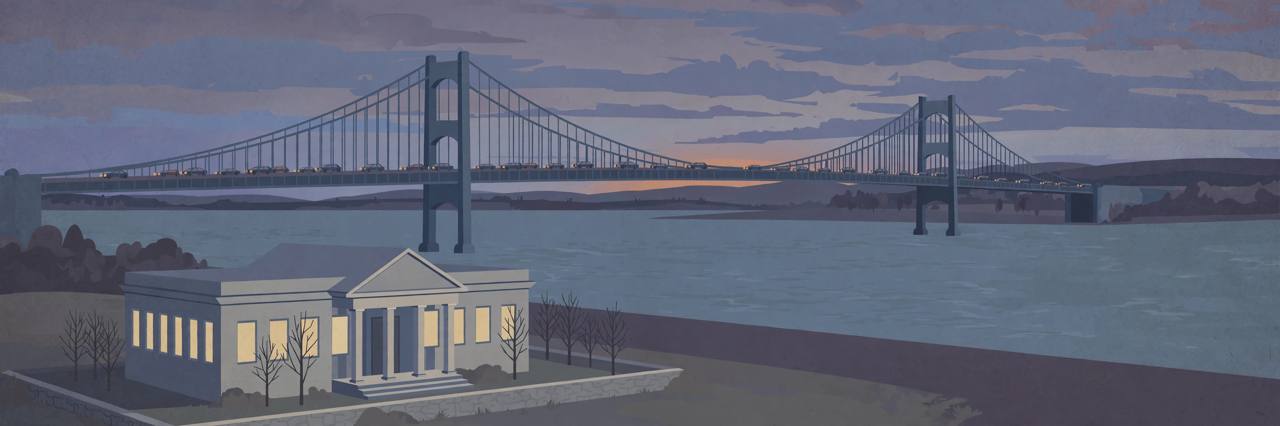 Editorial illustration of a large suspension bridge at dusk with evening traffic and a courthouse in the foreground