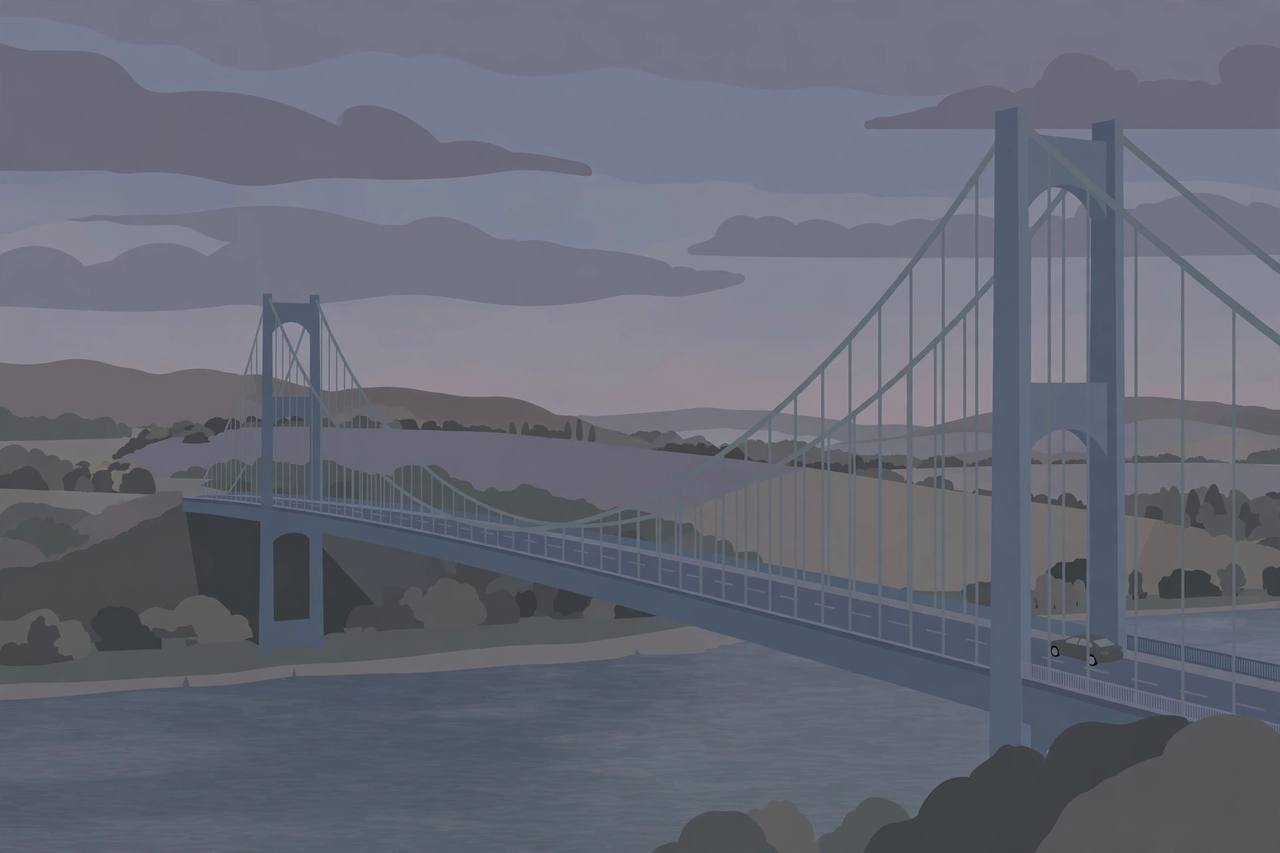 Editorial illustration of a large suspension bridge at dusk with an empty roadway, flat style, sombre colours, no people and no incident depicted