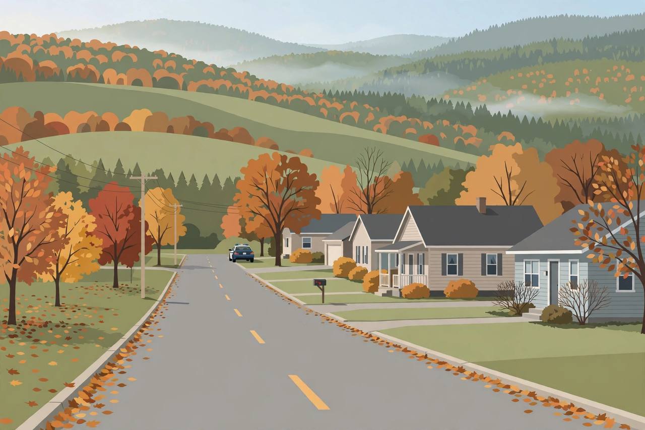 Editorial illustration of a quiet small-town road in Rockland County, New York, with a patrol car parked at a distance near houses and autumn trees; no incident depicted