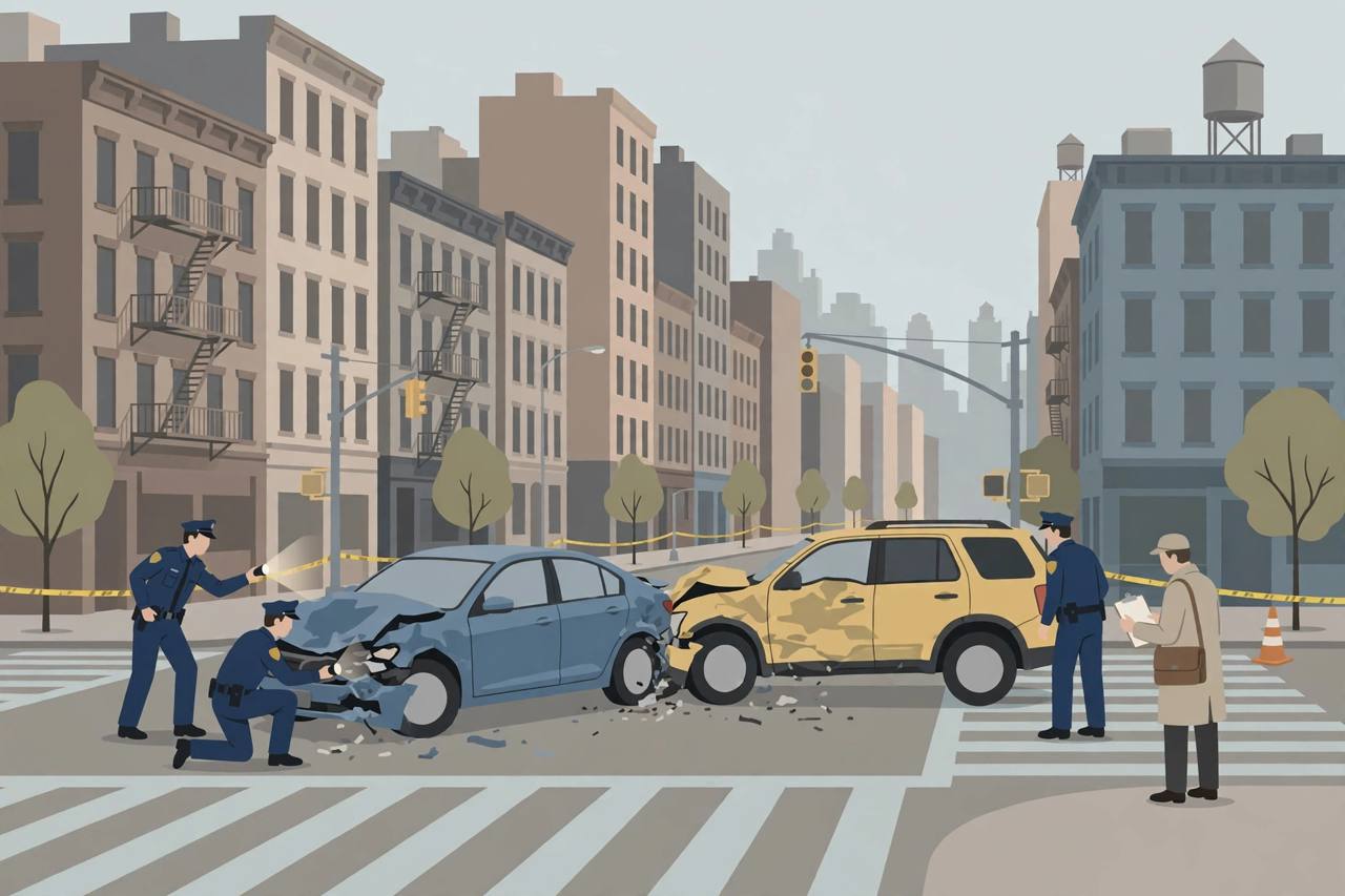 Editorial illustration of investigators examining a staged car crash at a New York city intersection