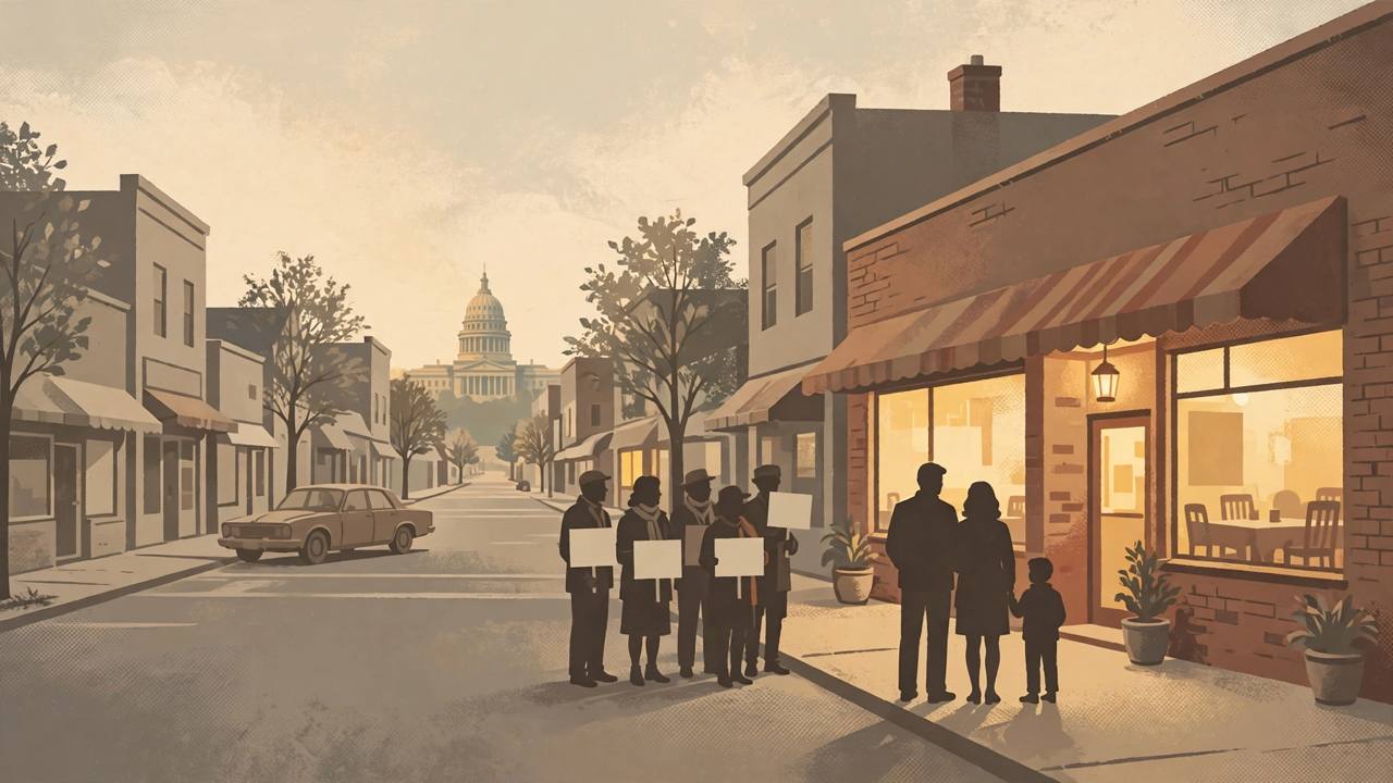 Editorial illustration of a small-town main street with a family restaurant, supportive neighbours and a distant state capitol dome, generic silhouetted figures, flat style, no text, no real person depicted