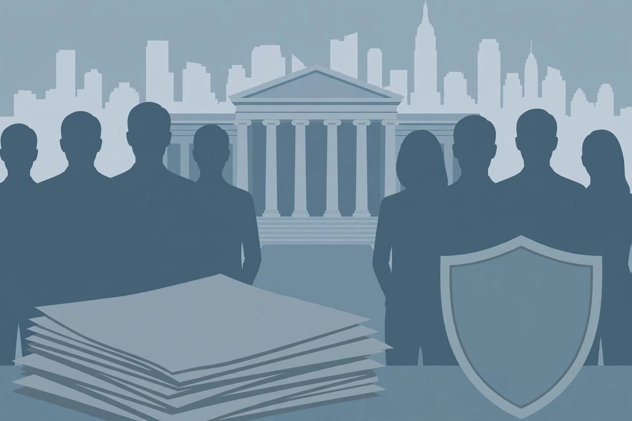 Editorial illustration of a generic courthouse with columns in front of a city skyline, with faceless silhouetted figures, a stack of documents and a shield, flat style, no real person, no text