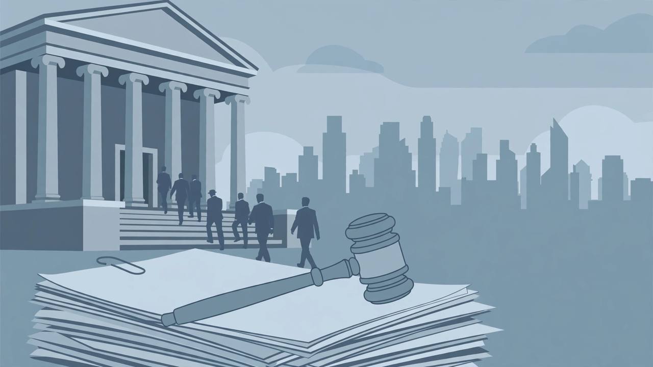 Editorial illustration of a generic courthouse with columns, a stack of documents and a gavel, flat style, no real person