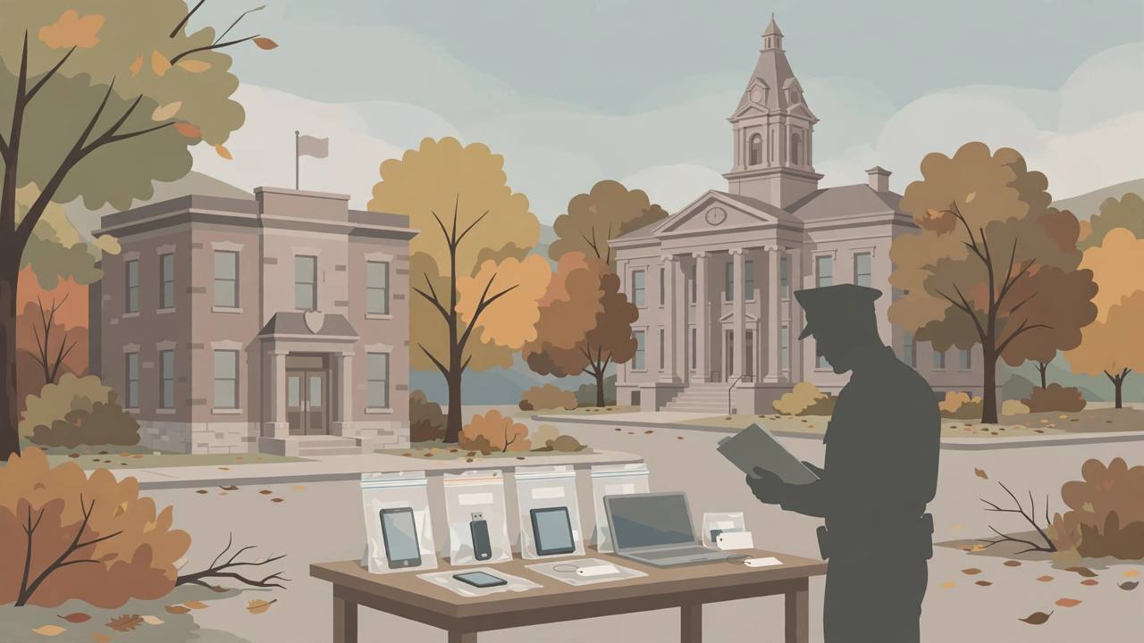 Editorial illustration of a police building and courthouse in autumn with sealed electronic devices in evidence bags and a generic officer silhouette, flat style, no real person depicted
