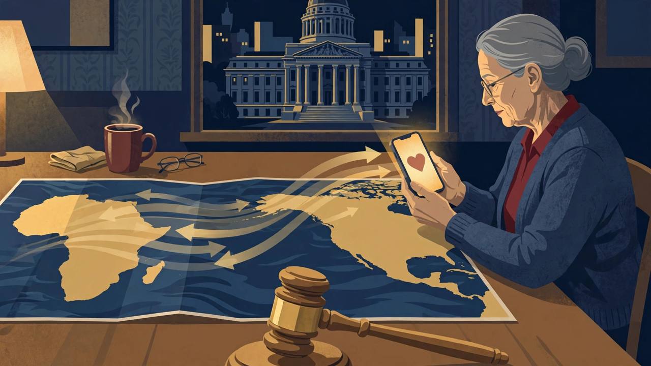 Editorial illustration of an older woman at a kitchen table looking at a smartphone with a heart symbol, with a world map showing money-transfer arrows from America to West Africa, a courthouse and a judge's gavel