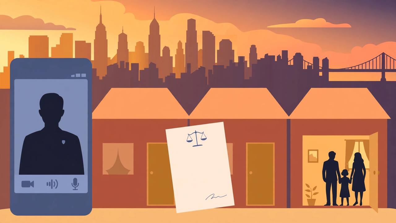 Editorial illustration of a New York skyline, a smartphone video silhouette, homes and a judicial warrant document, flat style, no real person depicted