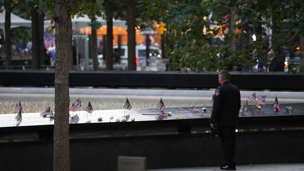 The North Pool of the 9/11 Memorial in Lower Manhattan, with the bronze panels inscribed with victims' names, photographed ahead of the 25th anniversary commemoration ceremony in September 2026