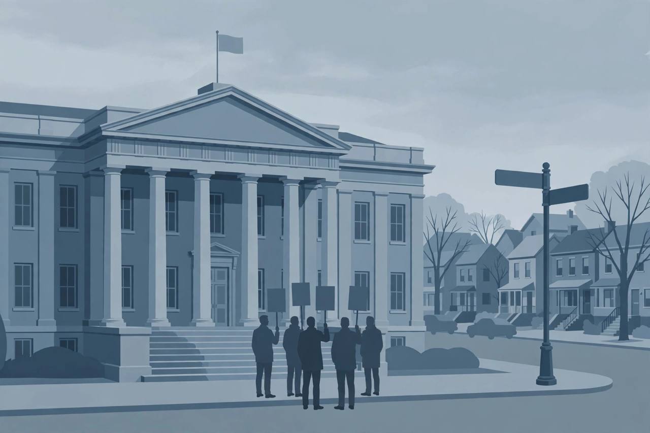 Editorial illustration of a federal courthouse with generic figures outside and a Bronx street in the background