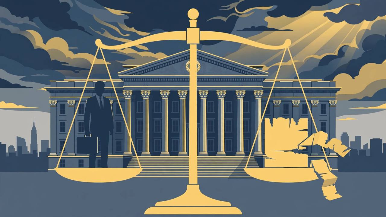 Editorial illustration of a Manhattan federal courthouse behind a large golden scale of justice, a generic silhouetted prosecutor with a briefcase on one pan and a torn termination letter on the other, flat style, no text and no real person's face