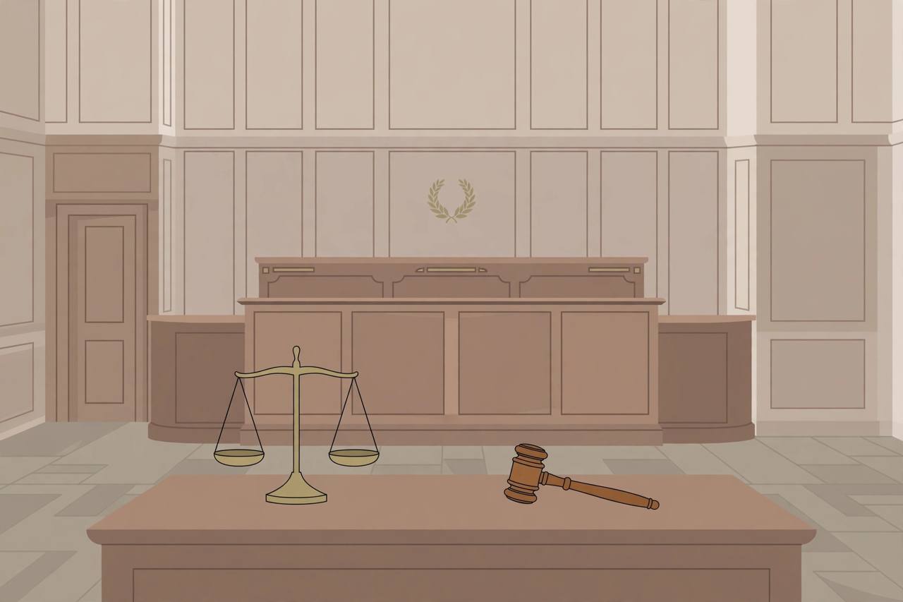 Editorial illustration of an empty appellate courtroom bench with a gavel and scales of justice