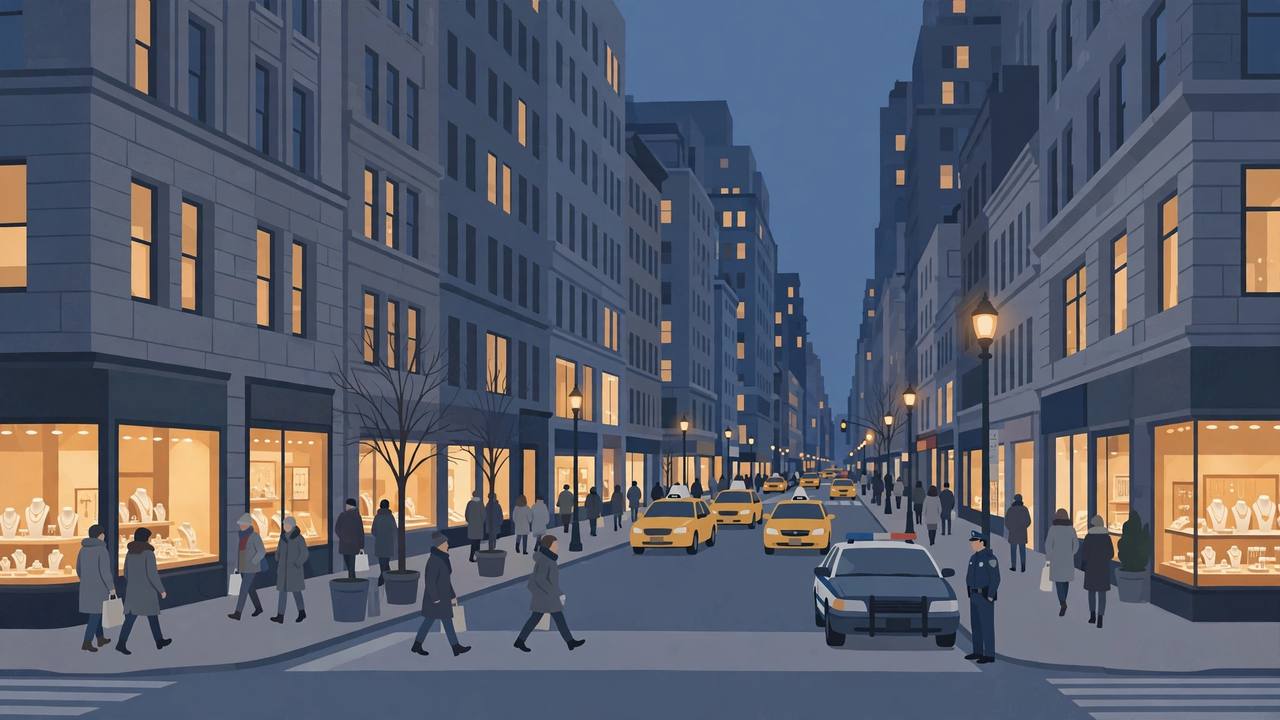 Editorial illustration of a Midtown Manhattan jewellery district street at dusk with glowing shop windows, taxis and a parked police car; no incident depicted