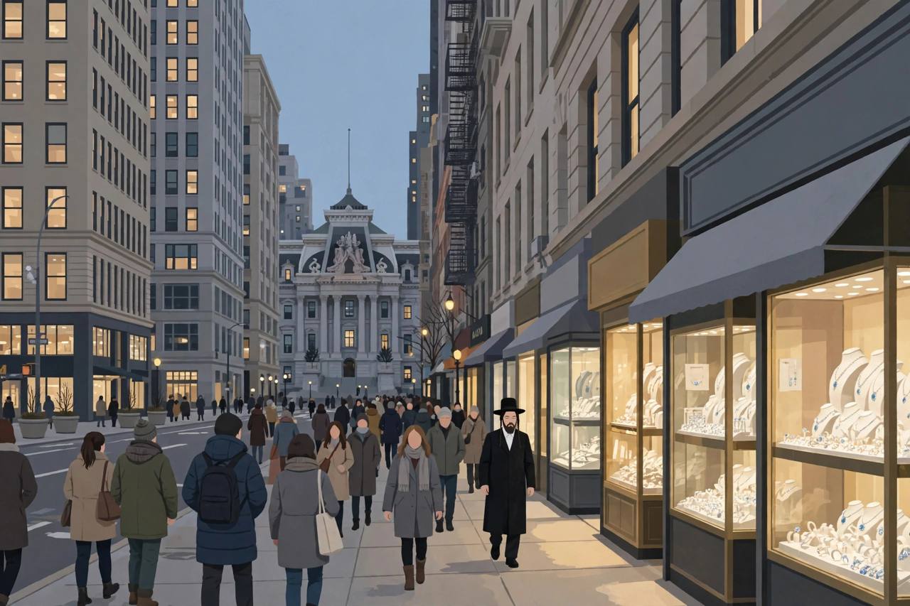 Editorial illustration of a Manhattan jewellery district street at dusk with shoppers and a man in traditional Orthodox Jewish dress