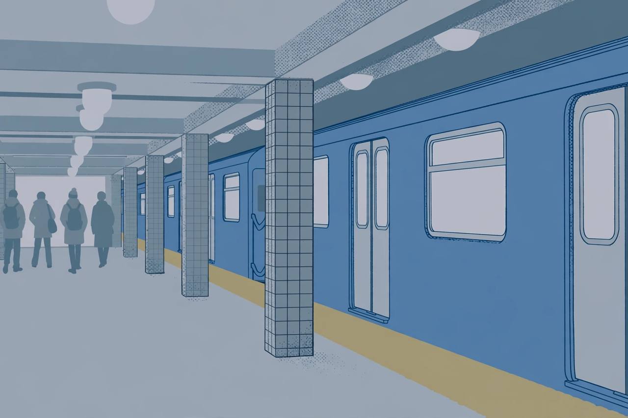 Editorial illustration of a calm New York City subway platform with a blue E train, tiled columns and distant commuters seen from behind