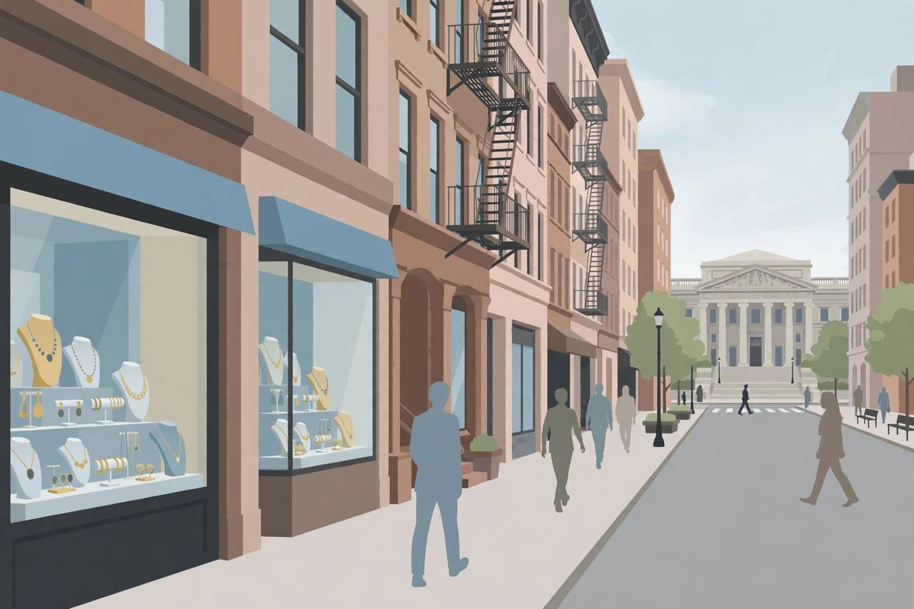 Editorial illustration of a generic Midtown Manhattan Diamond District street with jewellery shop windows and a courthouse — no real person is depicted