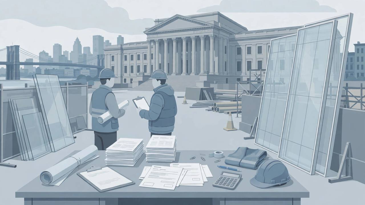 {'en': 'Editorial illustration of a construction office desk with payroll papers and W-2 forms in front of a federal courthouse, no real person', 'pa': 'ਸੰਘੀ ਅਦਾਲਤ ਦੇ ਸਾਹਮਣੇ ਤਨਖਾਹ ਕਾਗਜ਼ਾਂ ਅਤੇ W-2 ਫਾਰਮਾਂ ਵਾਲੇ ਉਸਾਰੀ ਦਫ਼ਤਰ ਡੈਸਕ ਦੀ ਸੰਪਾਦਕੀ ਤਸਵੀਰ, ਕੋਈ ਅਸਲੀ ਵਿਅਕਤੀ ਨਹੀਂ', 'hi': 'संघीय अदालत के सामने वेतन कागजों और W-2 फॉर्म वाले निर्माण कार्यालय डेस्क का संपादकीय चित्र, कोई वास्तविक व्यक्ति नहीं'}