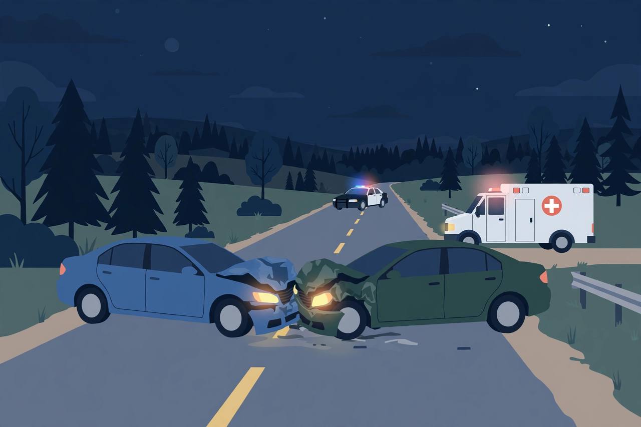 Editorial illustration of two generic sedans after a nighttime collision on a two-lane highway in upstate New York, with a police car and ambulance, flat style, no real person depicted