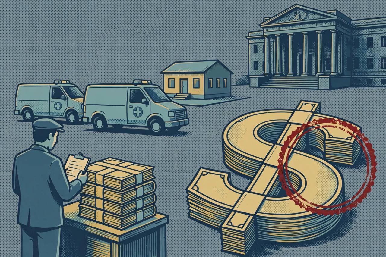 Editorial illustration of two medical transport vans outside a small office, a generic auditor with a clipboard auditing stacked billing ledgers, a courthouse and a large audited dollar symbol, flat muted teal, navy and gold newspaper style