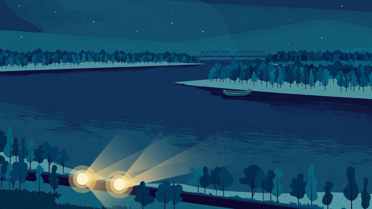 Editorial illustration of a wide river at night between tree-lined shores, with an empty inflatable raft near the far shore and patrol headlights on the near shore