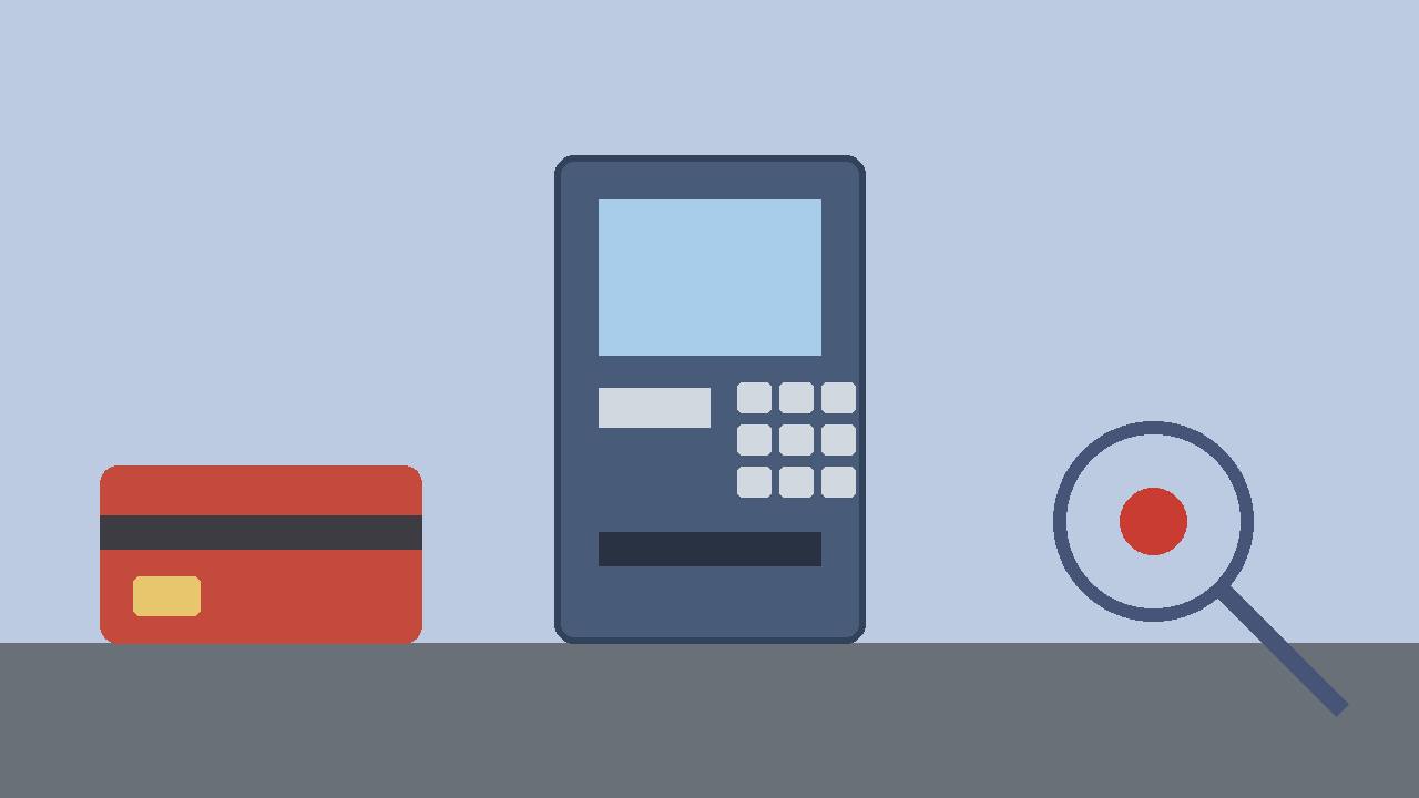 Editorial illustration of a generic ATM with a bank card and a magnifier in the foreground, flat style, no real person or place depicted, no text