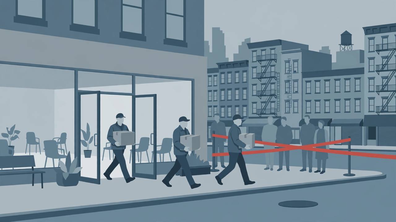 Editorial illustration of federal agents carrying evidence boxes out of a New York City storefront