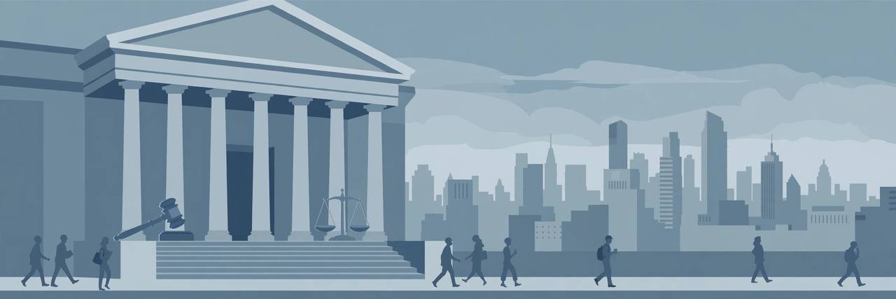 Editorial illustration of a New York courthouse with columns, a gavel and scales of justice, with the Manhattan skyline behind it