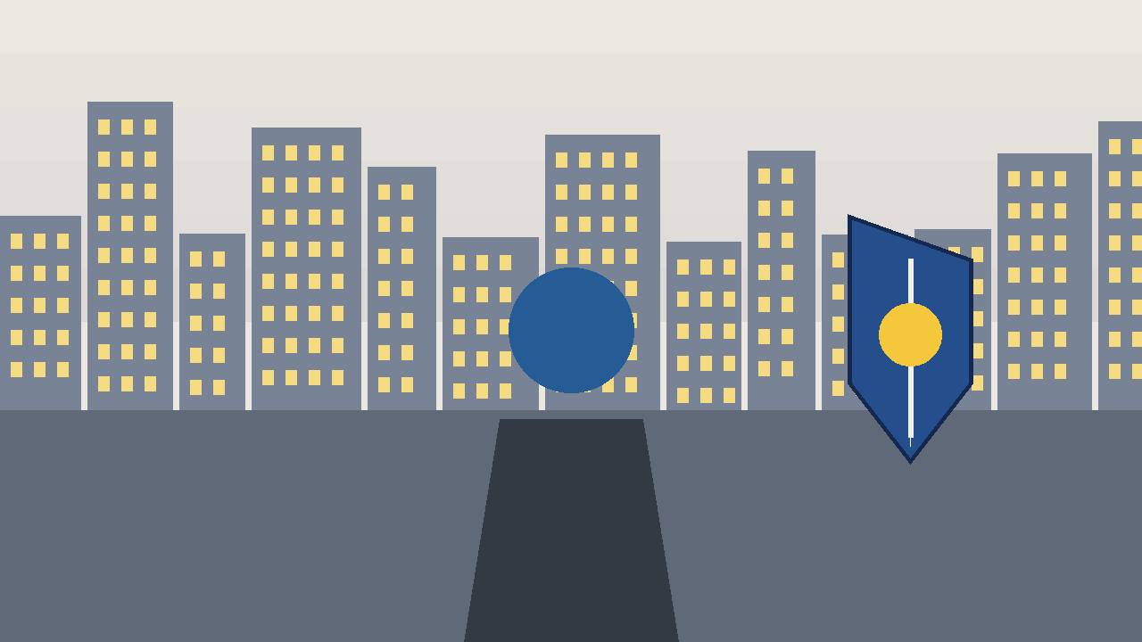 Editorial illustration of a generic figure seen from behind before a New York skyline and a protective shield, face not shown