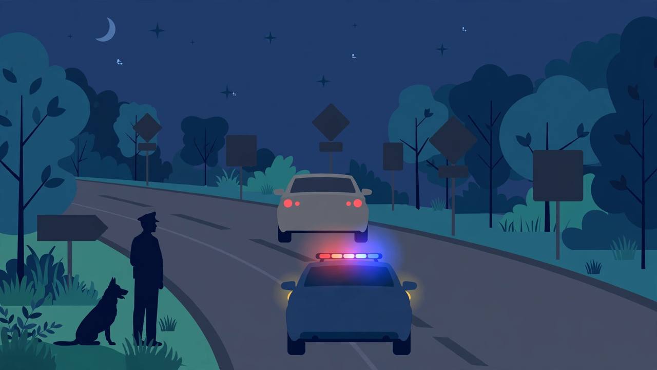 Editorial illustration of a generic night-time highway patrol stop on a parkway, a patrol car behind a generic sedan and a silhouetted officer with a police dog, flat style, no text, no real person depicted