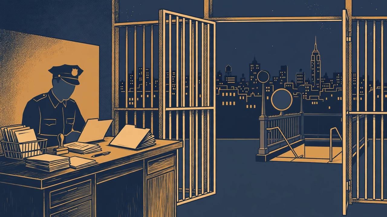 Editorial illustration of an open jail release gate and a booking desk in New York City at night, with generic figures