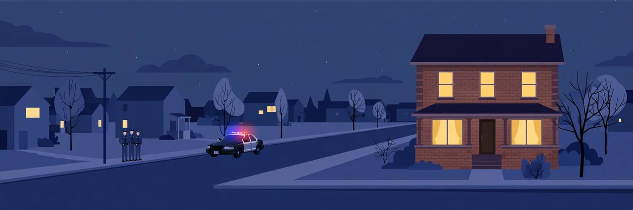 Editorial illustration of a Queens residential street at night with a police car outside a house; the incident itself is not depicted
