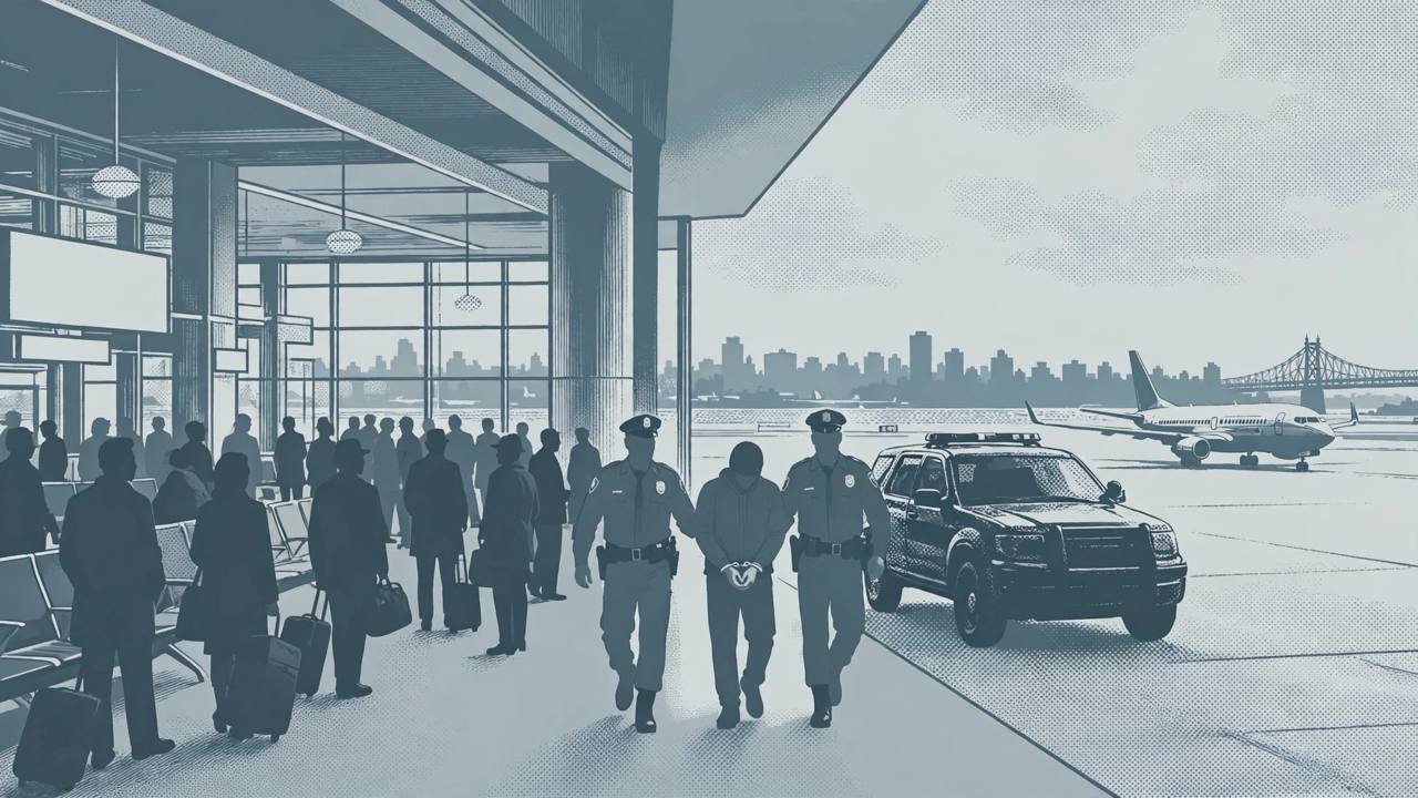 Editorial illustration of a generic airport terminal with silhouetted travellers and officers escorting a generic figure, flat style, no real person, no text