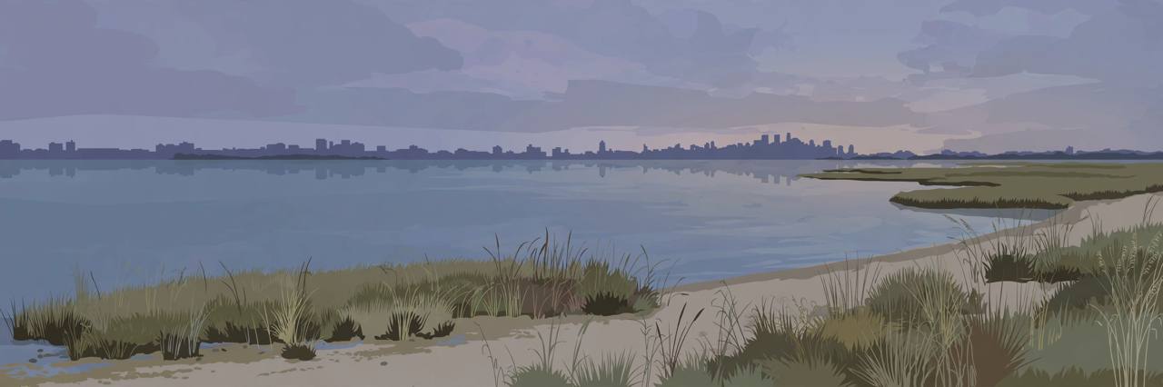 Editorial illustration of a quiet empty beach shoreline and marsh grass at Rockaway Community Park in Queens at dusk, muted tones, no people, no body and no incident depicted