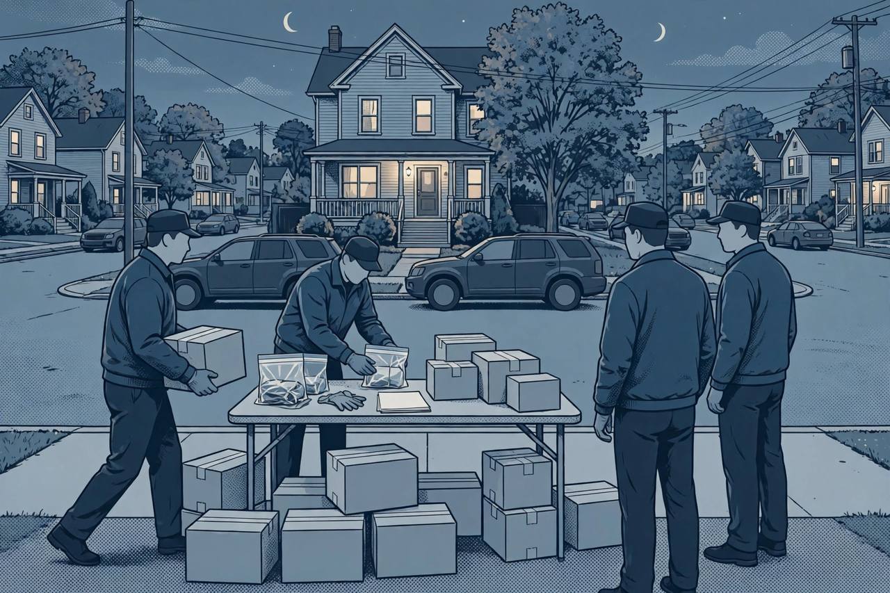 Editorial illustration of a residential street in Rochester, New York, with unmarked law-enforcement vehicles and sealed evidence boxes in the foreground