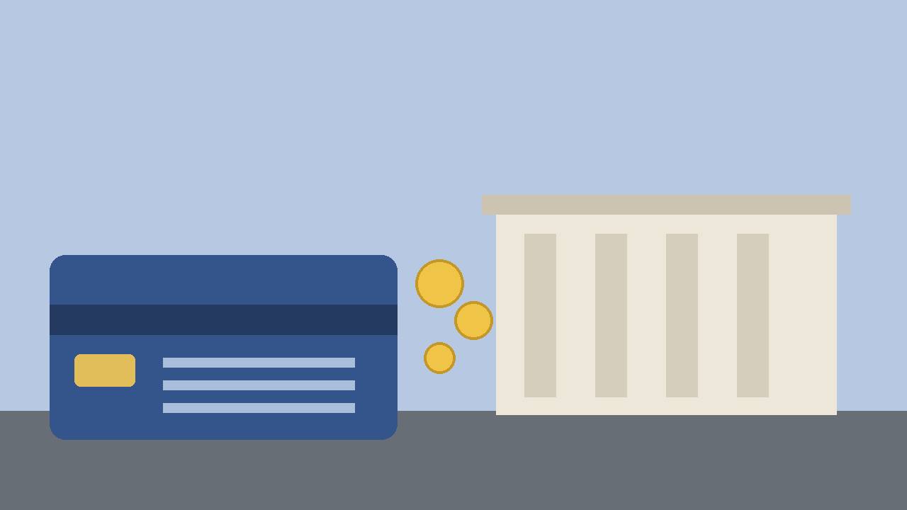 Editorial illustration of a generic payment card, plain coin shapes and a bank building, flat style, no real person or place depicted, no text or numbers