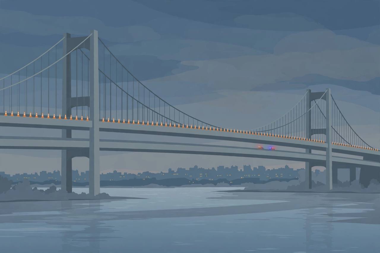 Editorial illustration of a large double-deck suspension bridge over a river at dusk with its upper deck closed by traffic cones, distant emergency lights and a city skyline behind