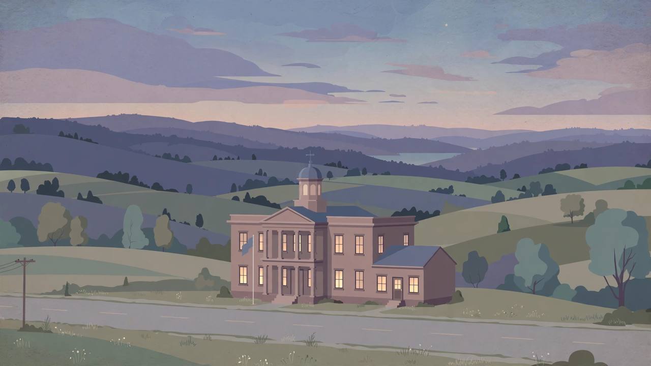 Editorial illustration of a generic rural county courthouse in rolling hills at dusk, flat style, no real person
