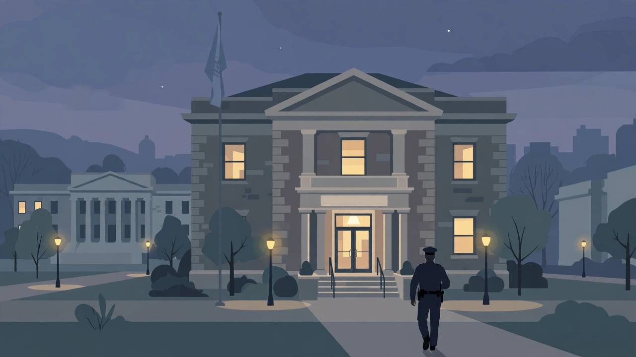Editorial illustration of a state police headquarters building at dusk, with a generic uniformed officer seen from behind (Editorial illustration)