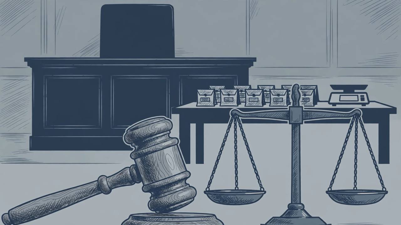 Editorial illustration of a courtroom gavel, scales of justice and sealed evidence bags on a table