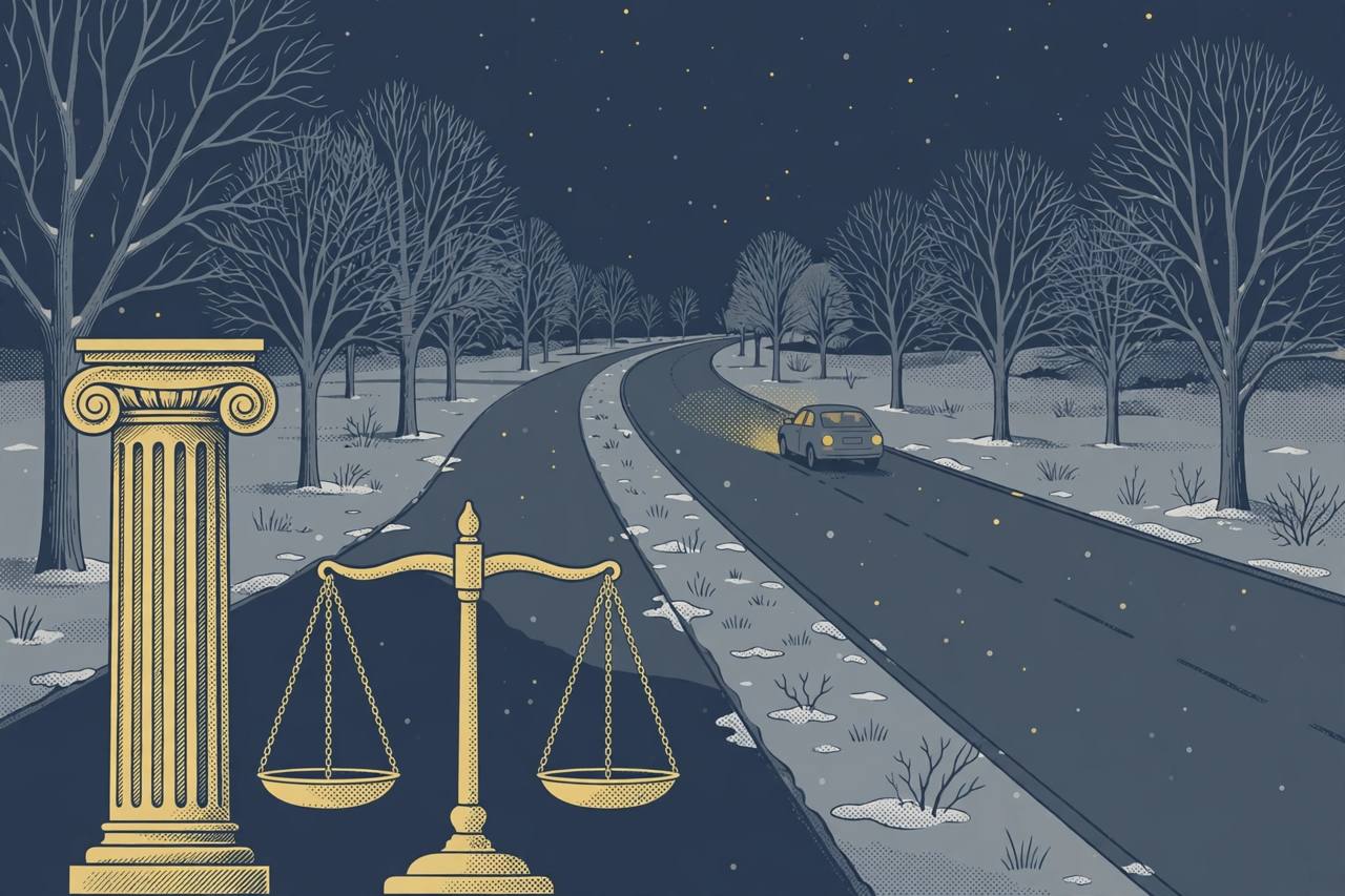 Editorial illustration of a quiet snow-dusted parkway at night with one car driving in its correct lane, a courthouse column and the scales of justice in gold in the foreground, flat muted navy and grey newspaper style