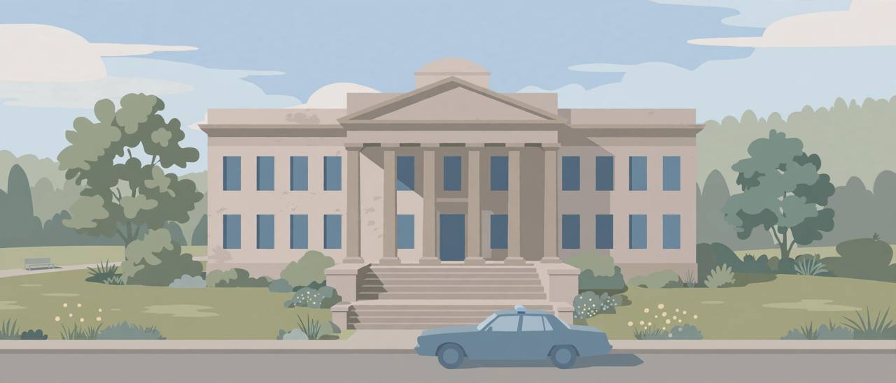 Editorial illustration of a generic county courthouse and a police car, flat style, no people, no text, no real place depicted