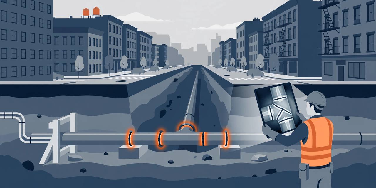 Editorial illustration of an underground gas pipeline cross-section beneath a New York street, with an inspector holding a radiograph film beside welded pipe segments